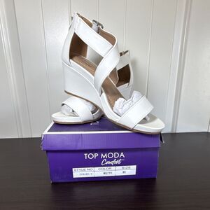 TOP MODA Comfort Strappy Wedge White Sandals Women’s Size 8.5